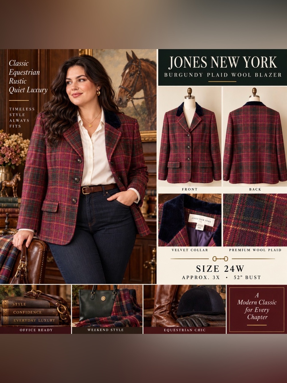 Jones New York - vintage 90s Plus size -Burgundy Plaid Wool Blazer -velvet trim
